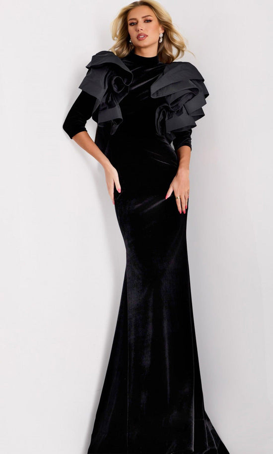 Jovani 45322 - High Neck Ruffled Shoulder Velvet Gown