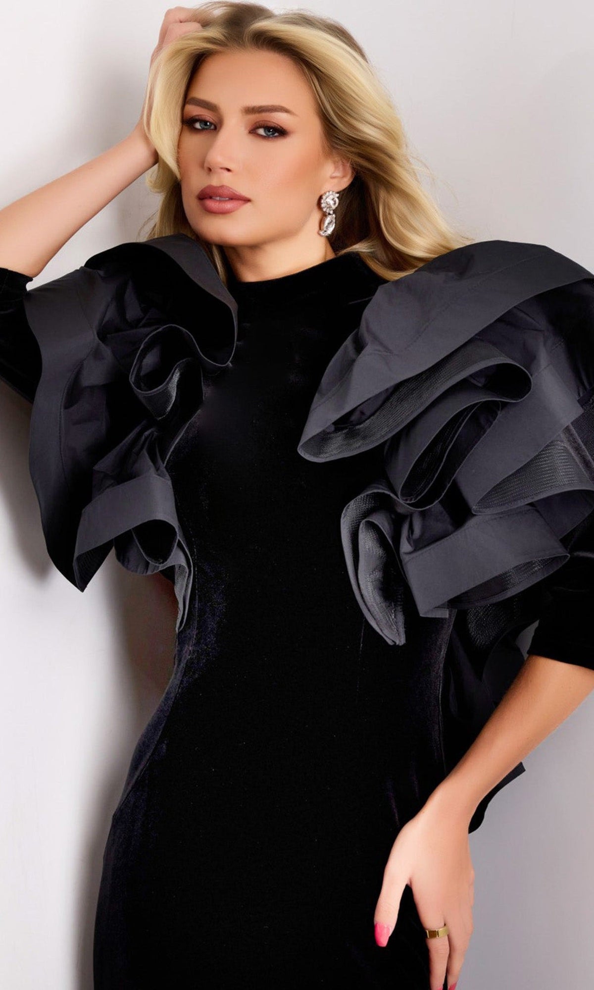 Jovani 45322 - High Neck Ruffled Shoulder Velvet Gown