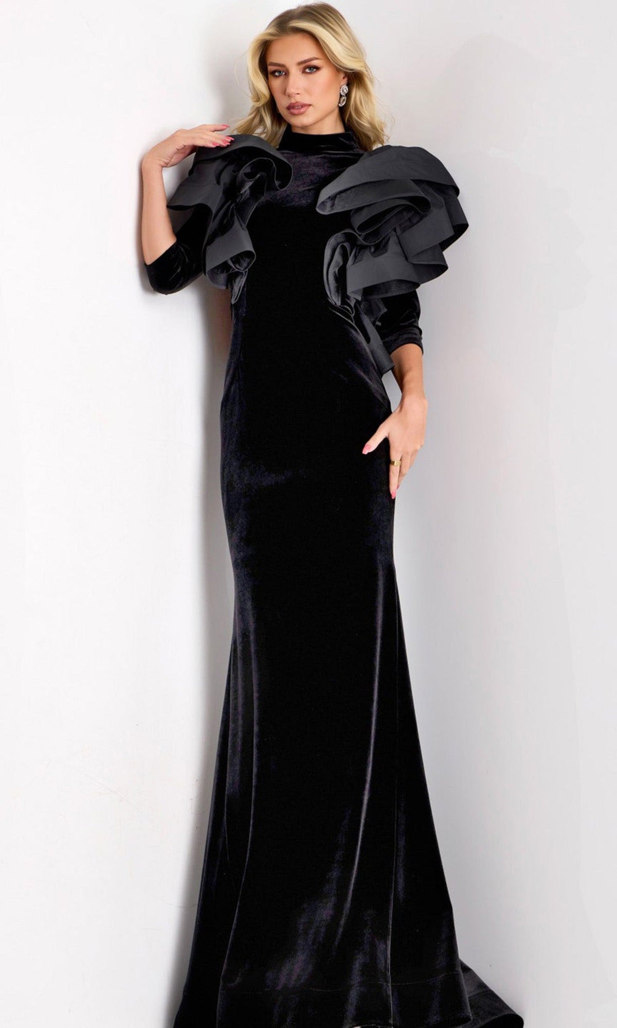 Jovani 45322 - High Neck Ruffled Shoulder Velvet Gown - Black - Main