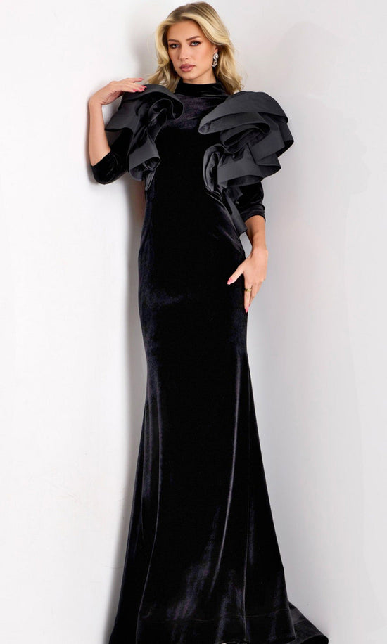 Jovani 45322 - High Neck Ruffled Shoulder Velvet Gown - Black - Main