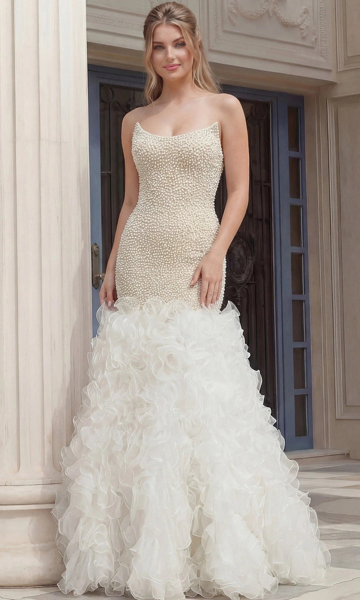 Jovani 45339 - Pearl Embellished Ruffle Mermaid Gown - Off-White/Nude - Main