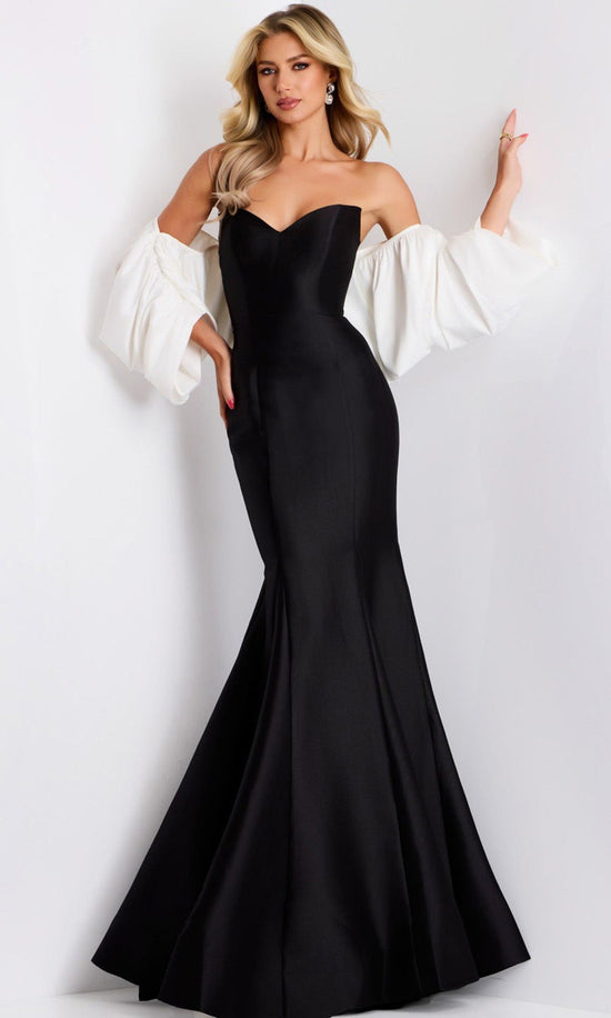 Jovani 45358 - Dramatic Sleeves Velvet Mermaid Gown - White/Black - Main