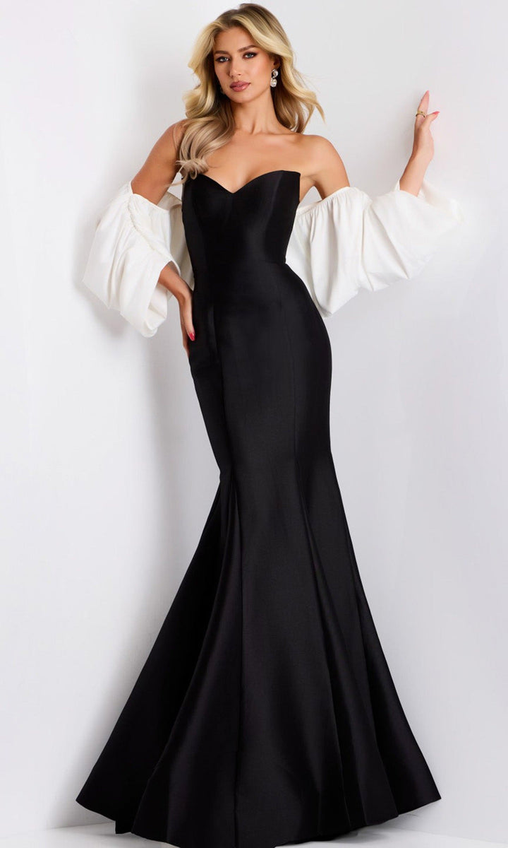 Jovani 45358 - Dramatic Sleeves Velvet Mermaid Gown - White/Black - Main