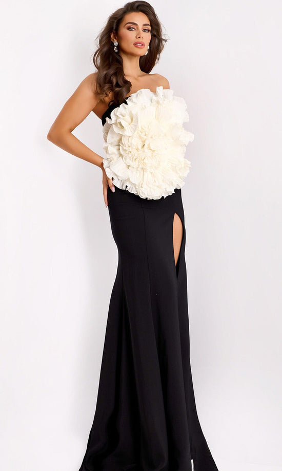 Jovani 45450 - Strapless Floral Applique Sheath Gown - Off White/Black - Main