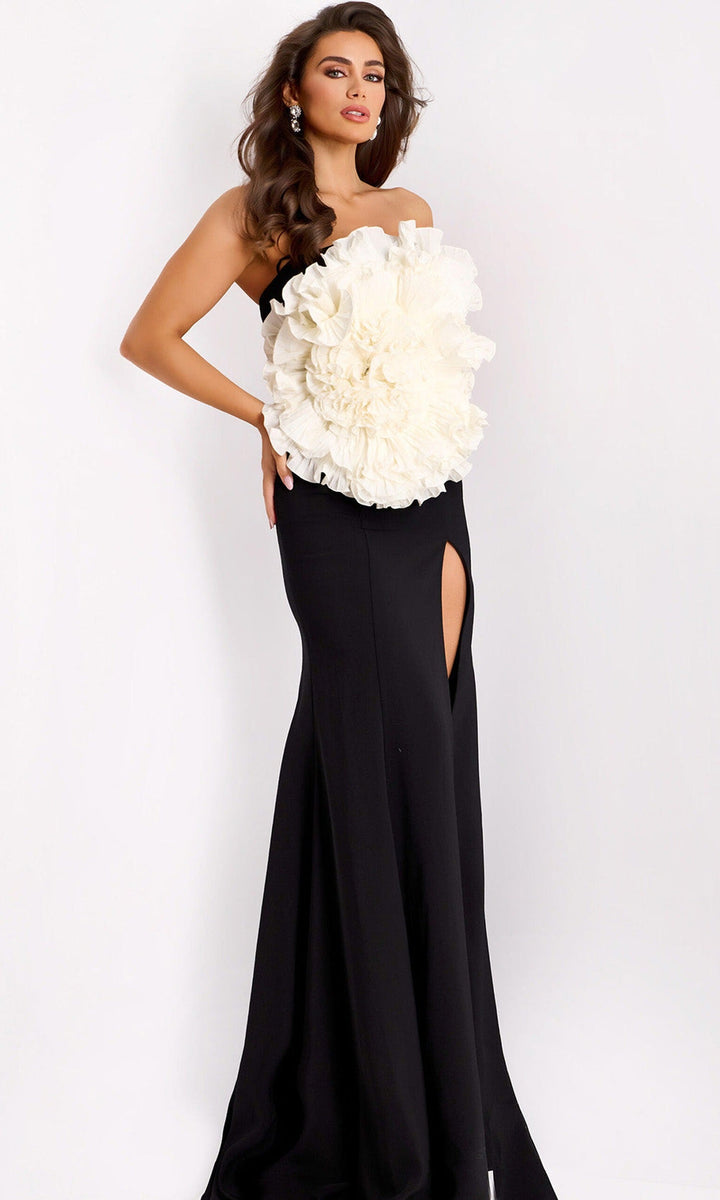Jovani 45450 - Strapless Floral Applique Sheath Gown - Off White/Black - Main