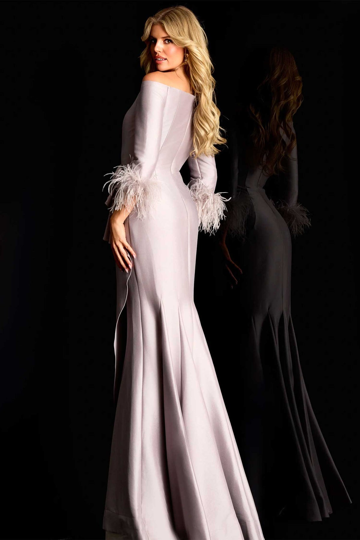 Jovani 45515 - Feathered Sleeve Cuff Draped Evening Gown