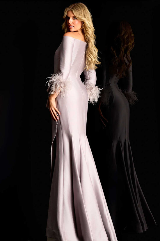 Jovani 45515 - Feathered Sleeve Cuff Draped Evening Gown