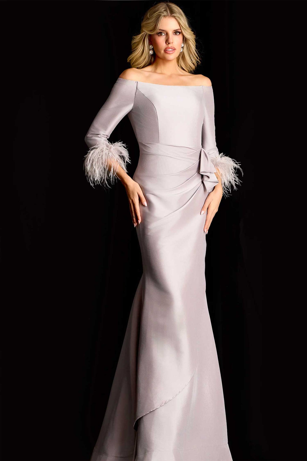 Jovani 45515 - Feathered Sleeve Cuff Draped Evening Gown - Taupe - Main