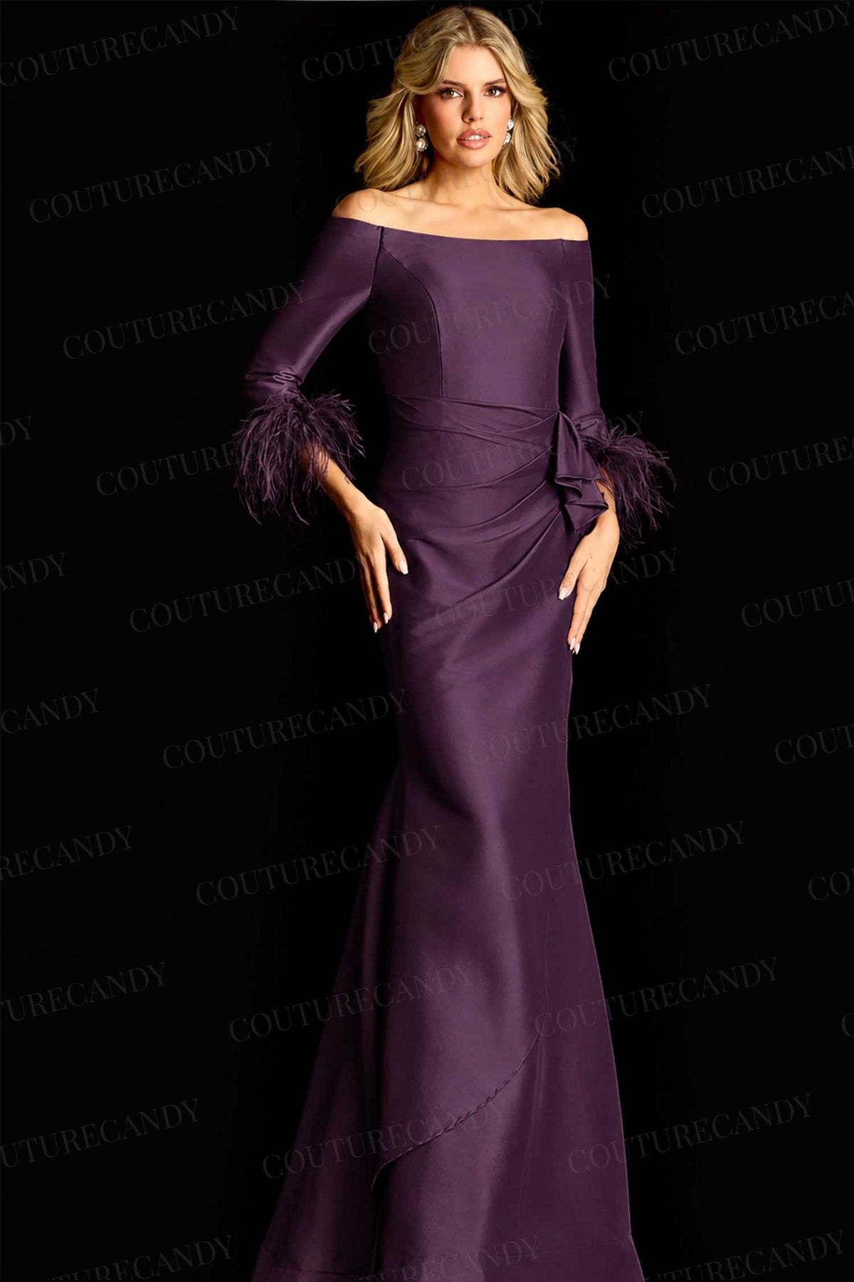 Jovani 45515 - Feathered Sleeve Cuff Draped Evening Gown