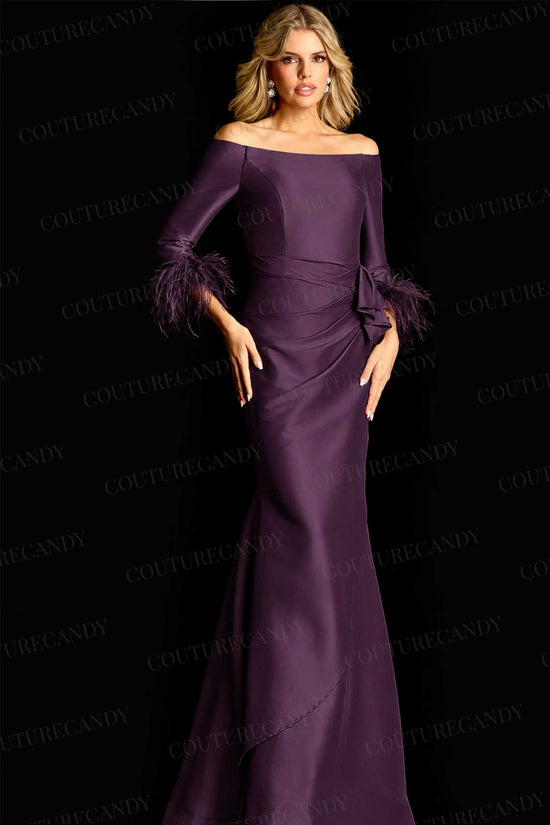 Jovani 45515 - Feathered Sleeve Cuff Draped Evening Gown