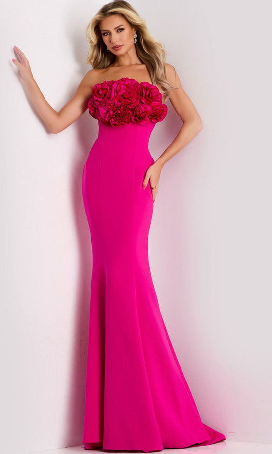 Jovani 45561 - Strapless Floral Accent Trumpet Gown - Fuchsia - Main