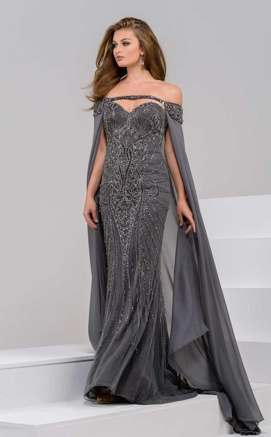 Jovani - 45566 Off Shoulder Sheath Dress - Charcoal - Main
