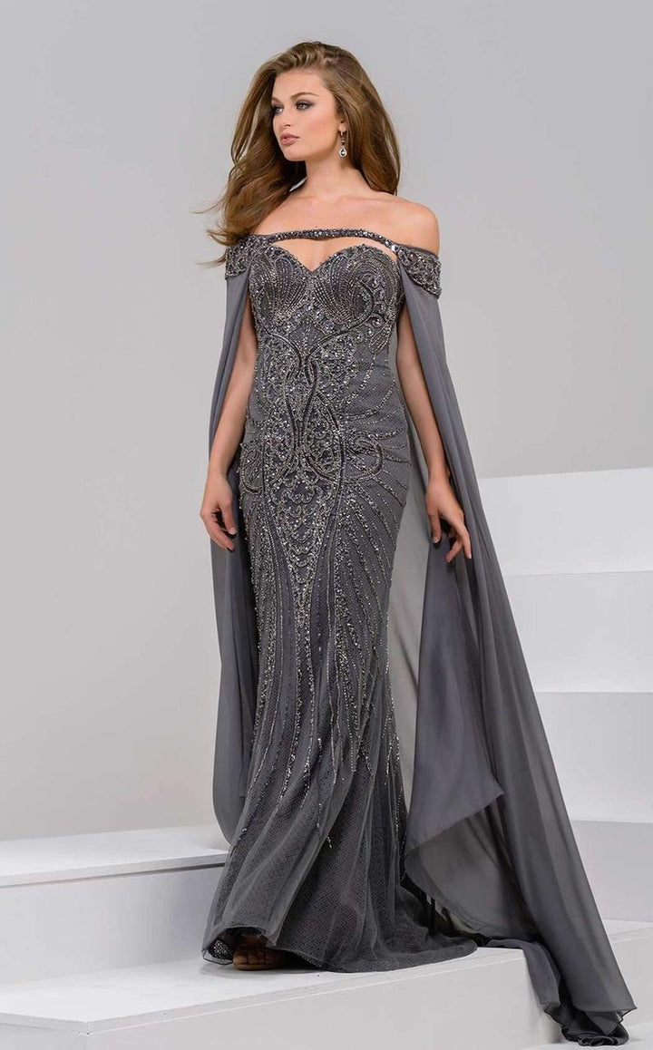 Jovani - 45566 Off Shoulder Sheath Dress - Charcoal - Main
