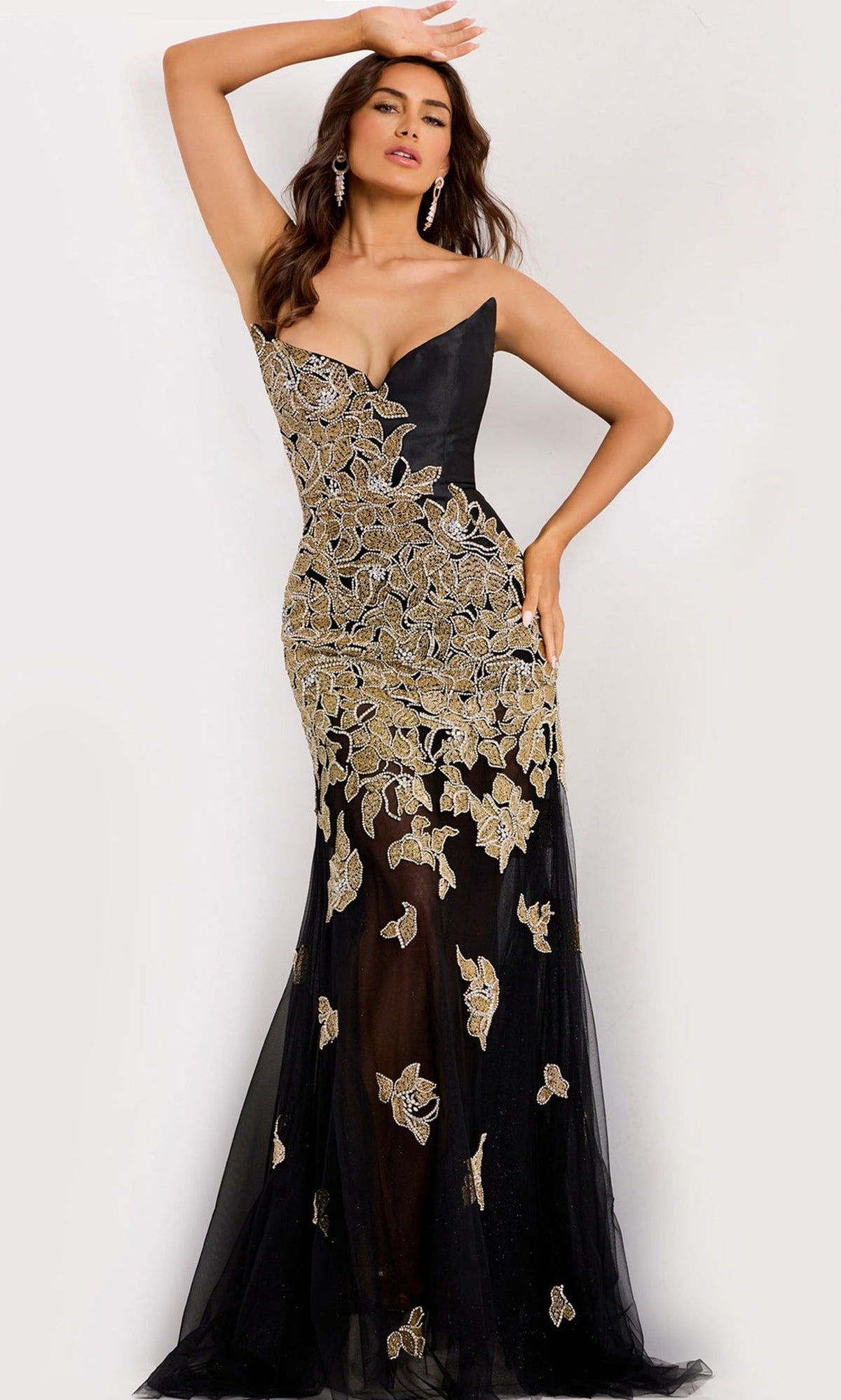 Jovani 45604 - Beaded Applique V-Neckline Evening Gown