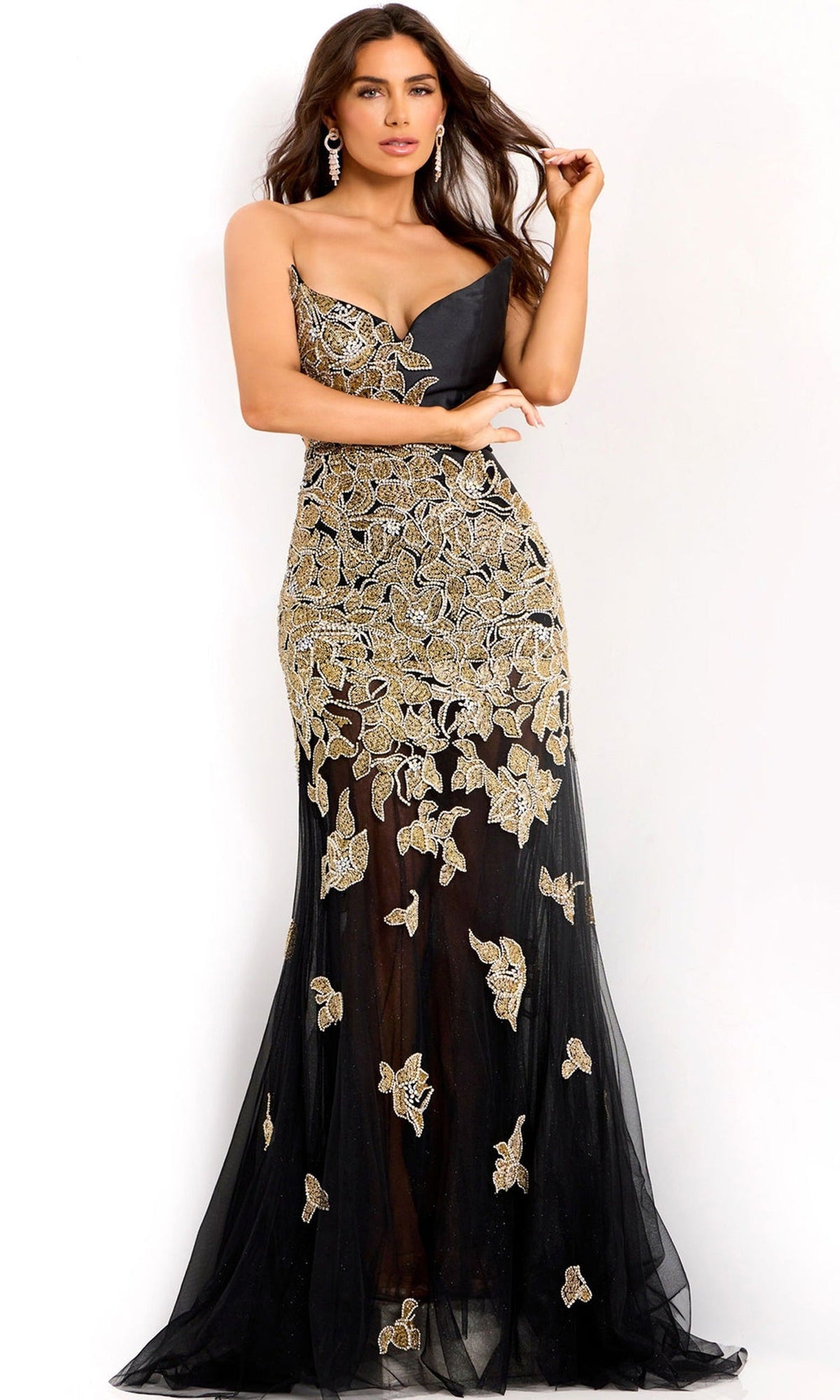 Jovani 45604 - Beaded Applique V-Neckline Evening Gown