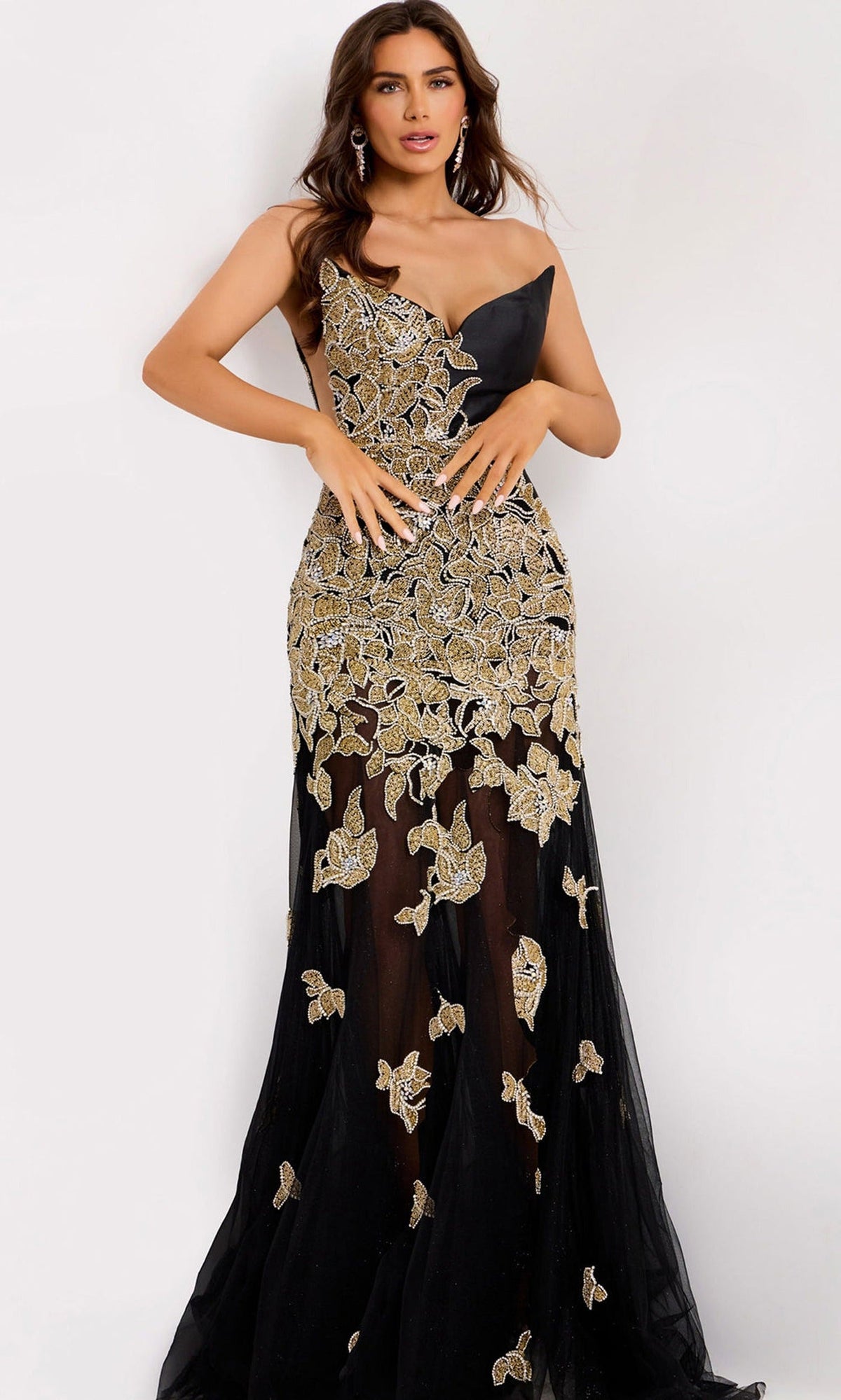 Jovani 45604 - Beaded Applique V-Neckline Evening Gown