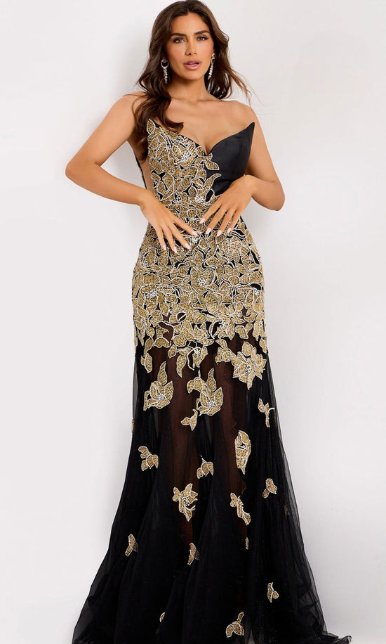 Jovani 45604 - Beaded Applique V-Neckline Evening Gown