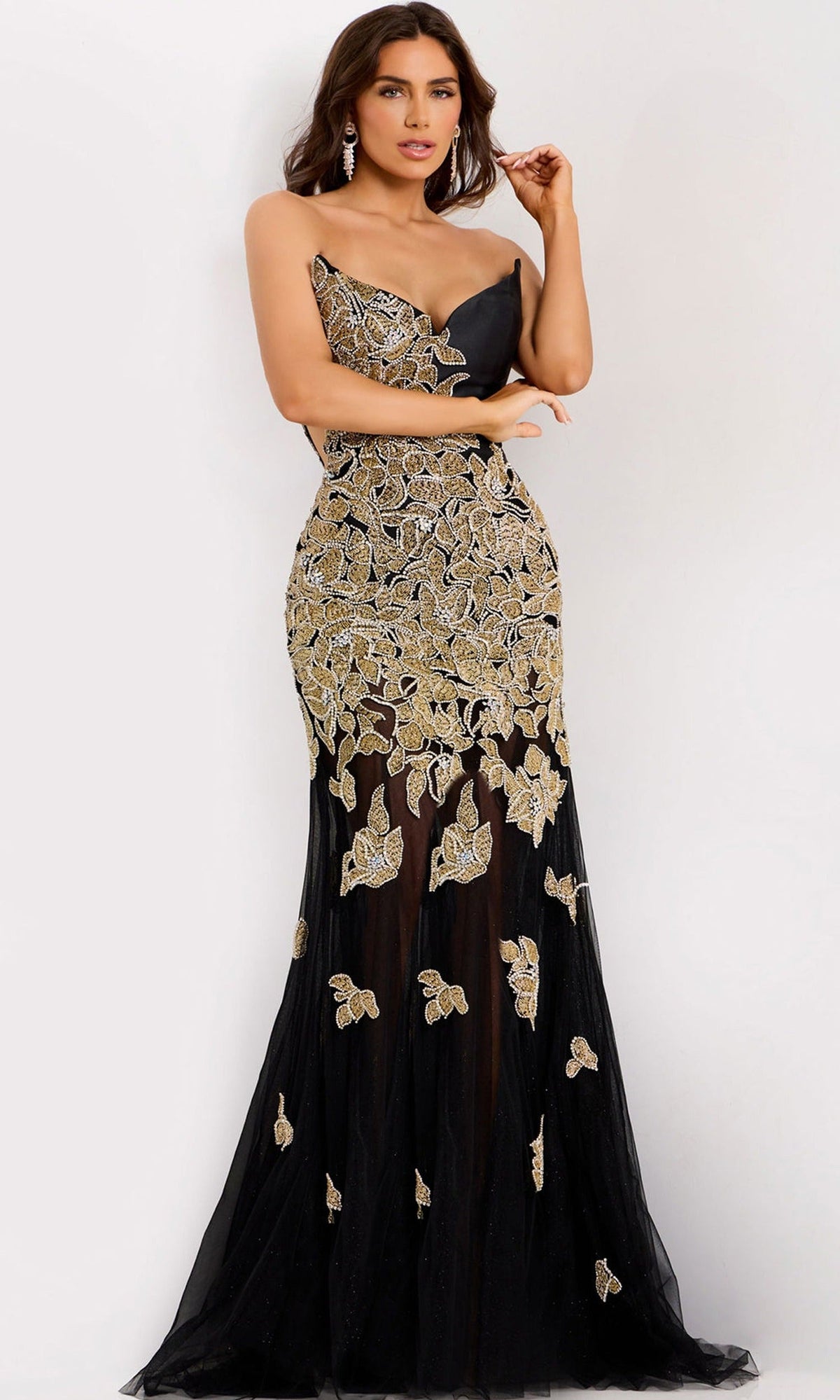 Jovani 45604 - Beaded Applique V-Neckline Evening Gown - Black/Gold/Silver - Main