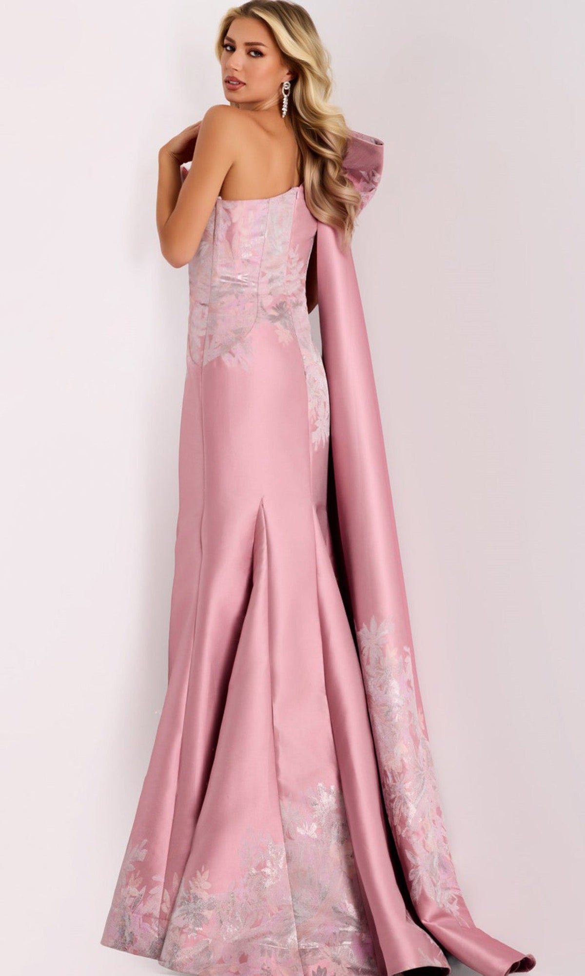 Jovani 45615 - Metallic Jacquard Draped Cape Trumpet Gown