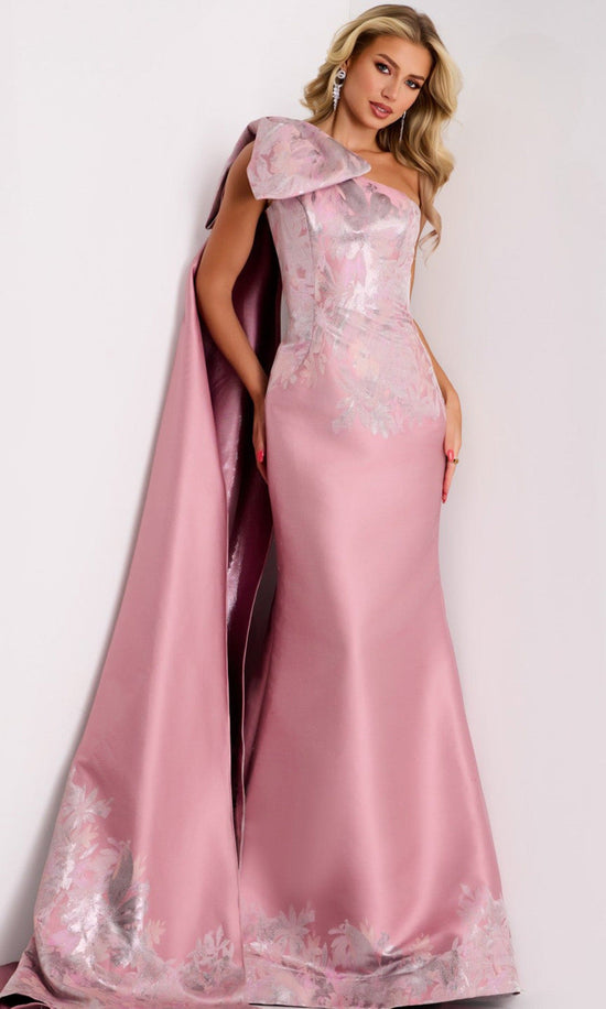 Jovani 45615 - Metallic Jacquard Draped Cape Trumpet Gown