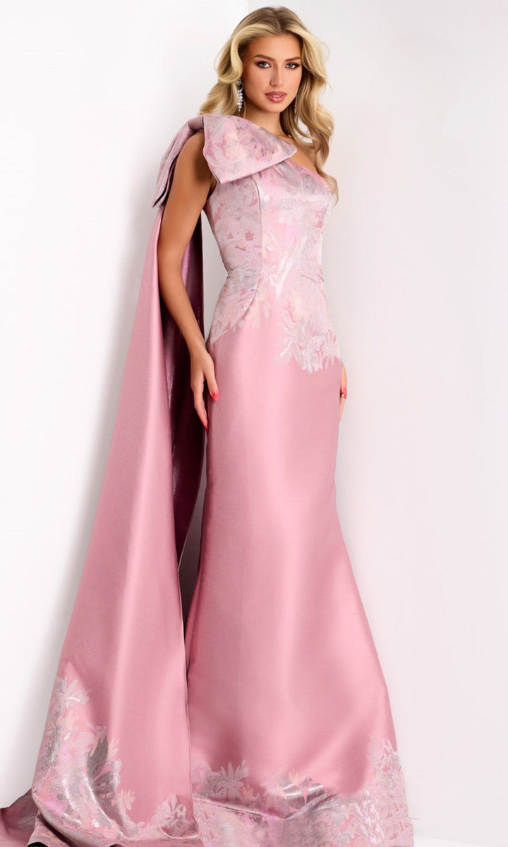 Jovani 45615 - Metallic Jacquard Draped Cape Trumpet Gown - Mauve - Main