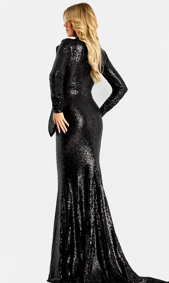 Jovani 45616 - Sequined Long Sleeve Gown with Draped Front