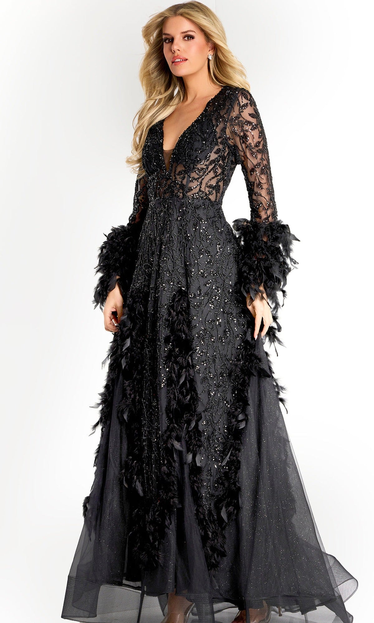 Jovani 45801 - Feather Embellished Long Sleeve Evening Gown