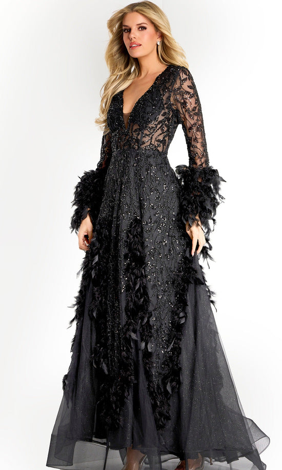 Jovani 45801 - Feather Embellished Long Sleeve Evening Gown