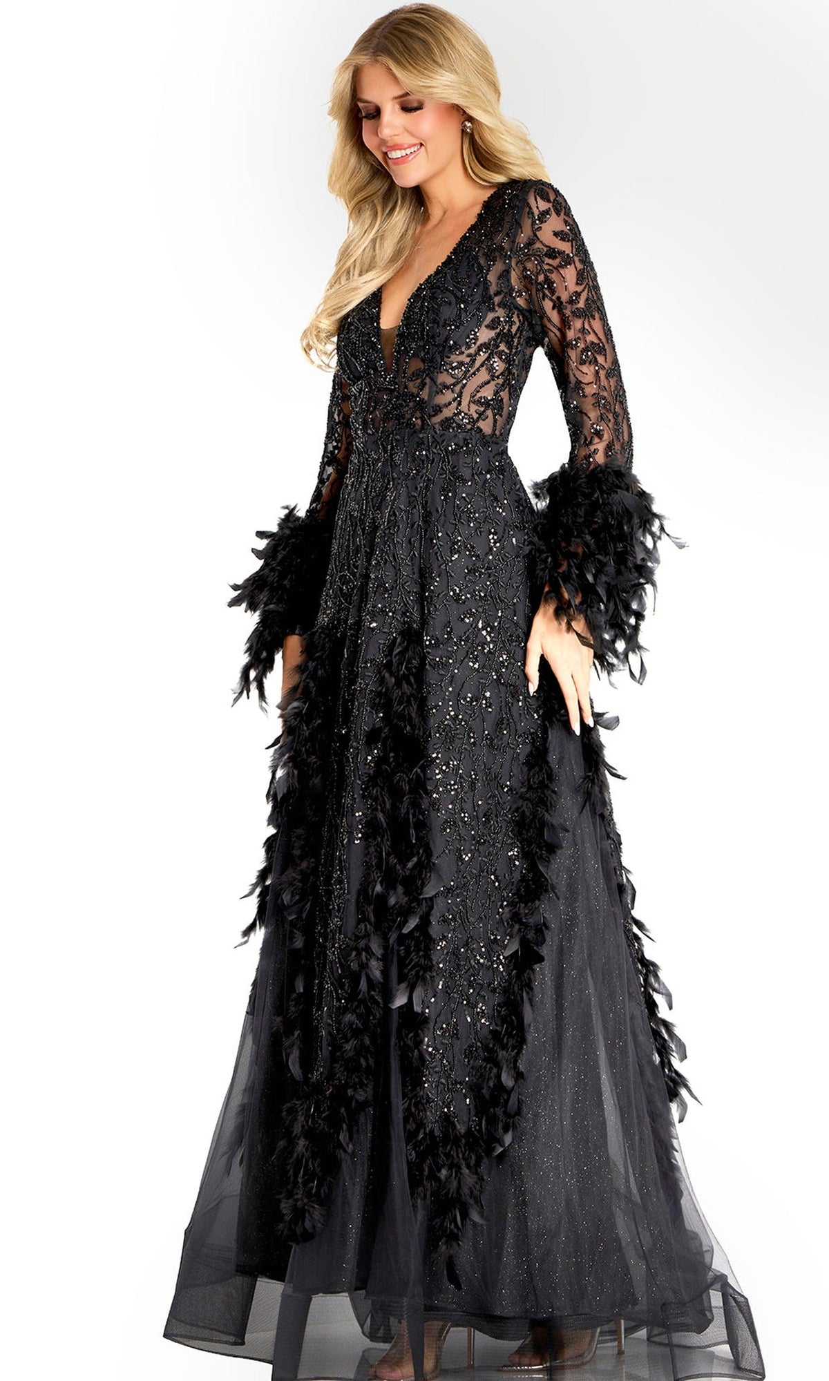 Jovani 45801 - Feather Embellished Long Sleeve Evening Gown