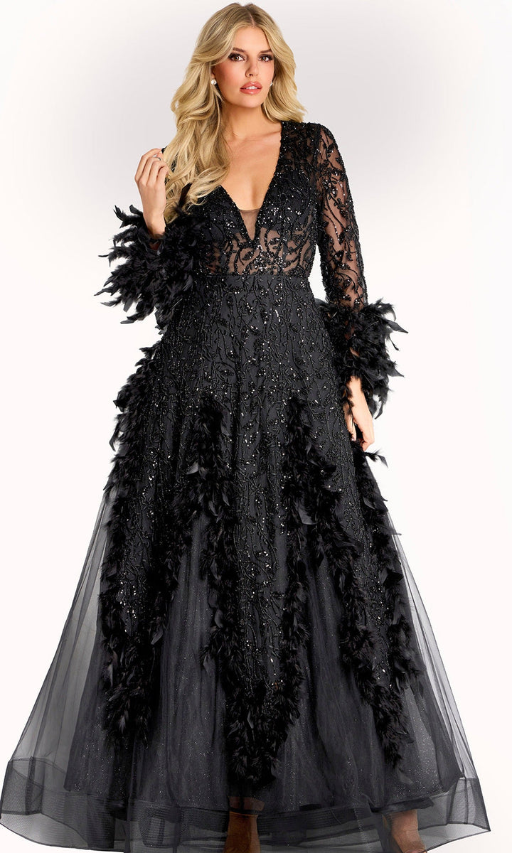 Jovani 45801 - Feather Embellished Long Sleeve Evening Gown - Black - Main