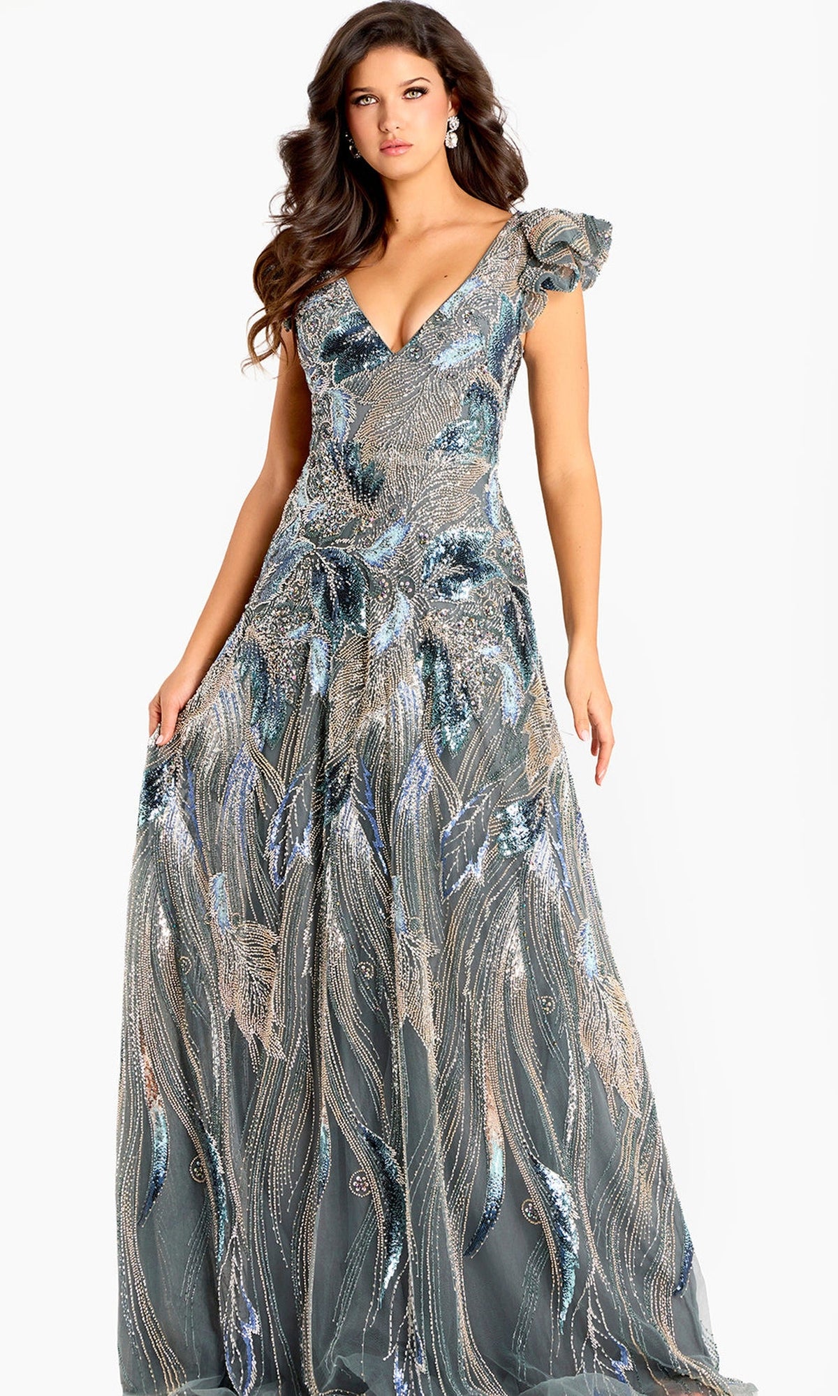 Jovani 45942 - Ruffled Cap Sleeve Sequin Evening Gown - Grey - Main
