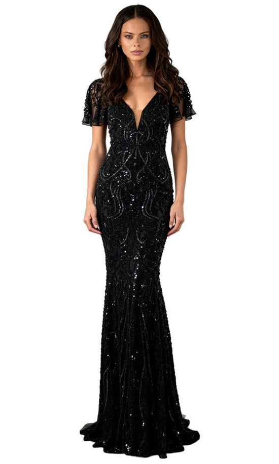 Jovani 46061 - Fully Beaded Flutter Sleeve Evening Gown - Black - Main