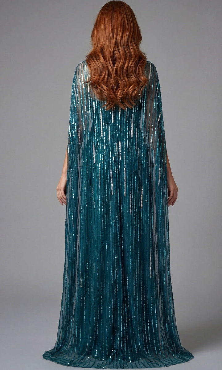 Jovani 46065 - Straight Neck Sequin Gown with Cape Overlay