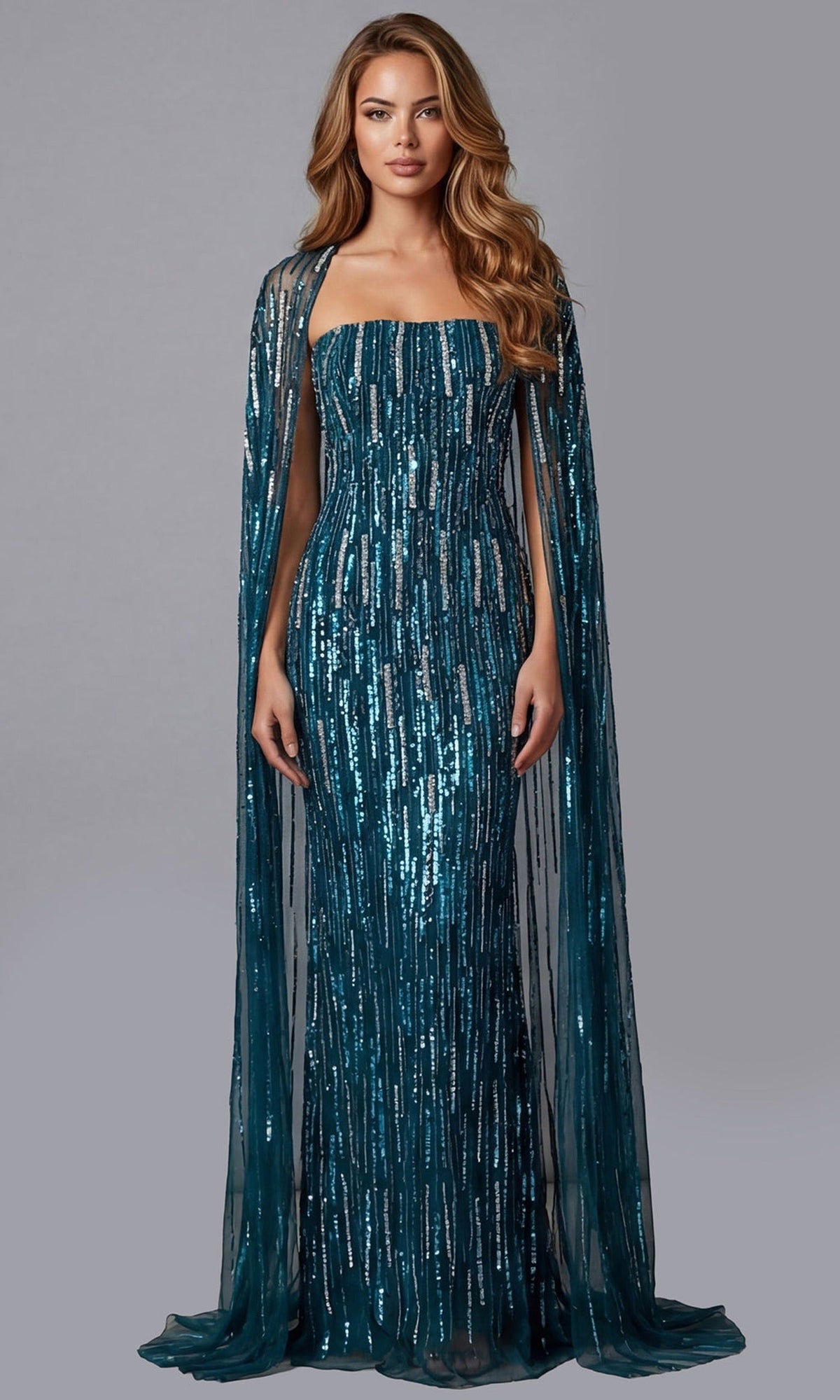 Jovani 46065 - Straight Neck Sequin Gown with Cape Overlay - Teal - Main
