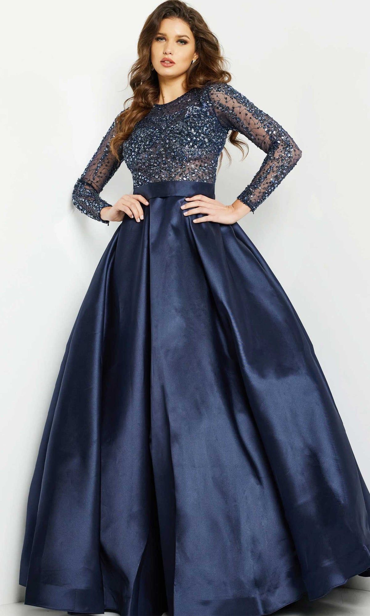 Jovani - 46066 Stone Embellished Long Sleeves Ballgown - Navy - Main