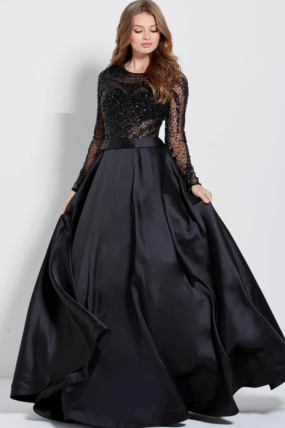 Jovani - 46066 Stone Embellished Long Sleeves Ballgown - Navy - Main
