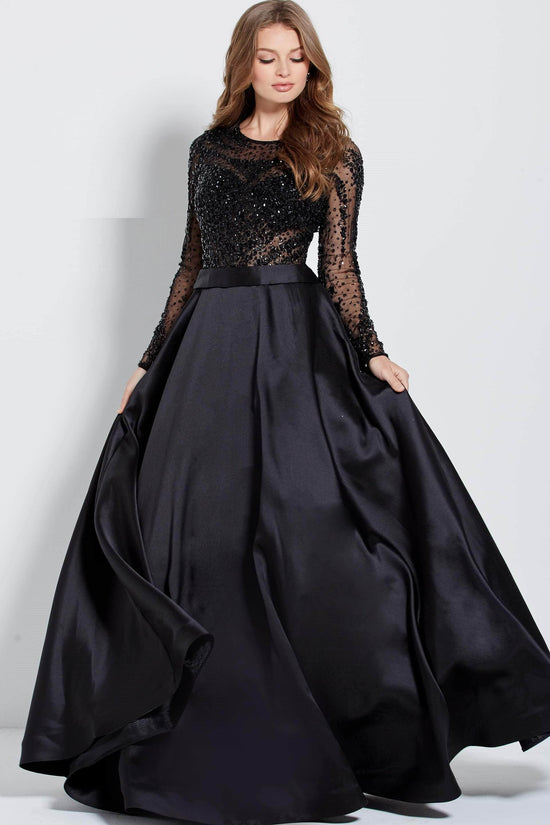 Jovani - 46066 Stone Embellished Long Sleeves Ballgown - Navy - Main