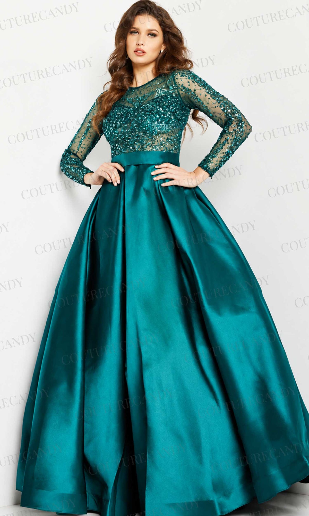 Jovani - 46066 Stone Embellished Long Sleeves Ballgown