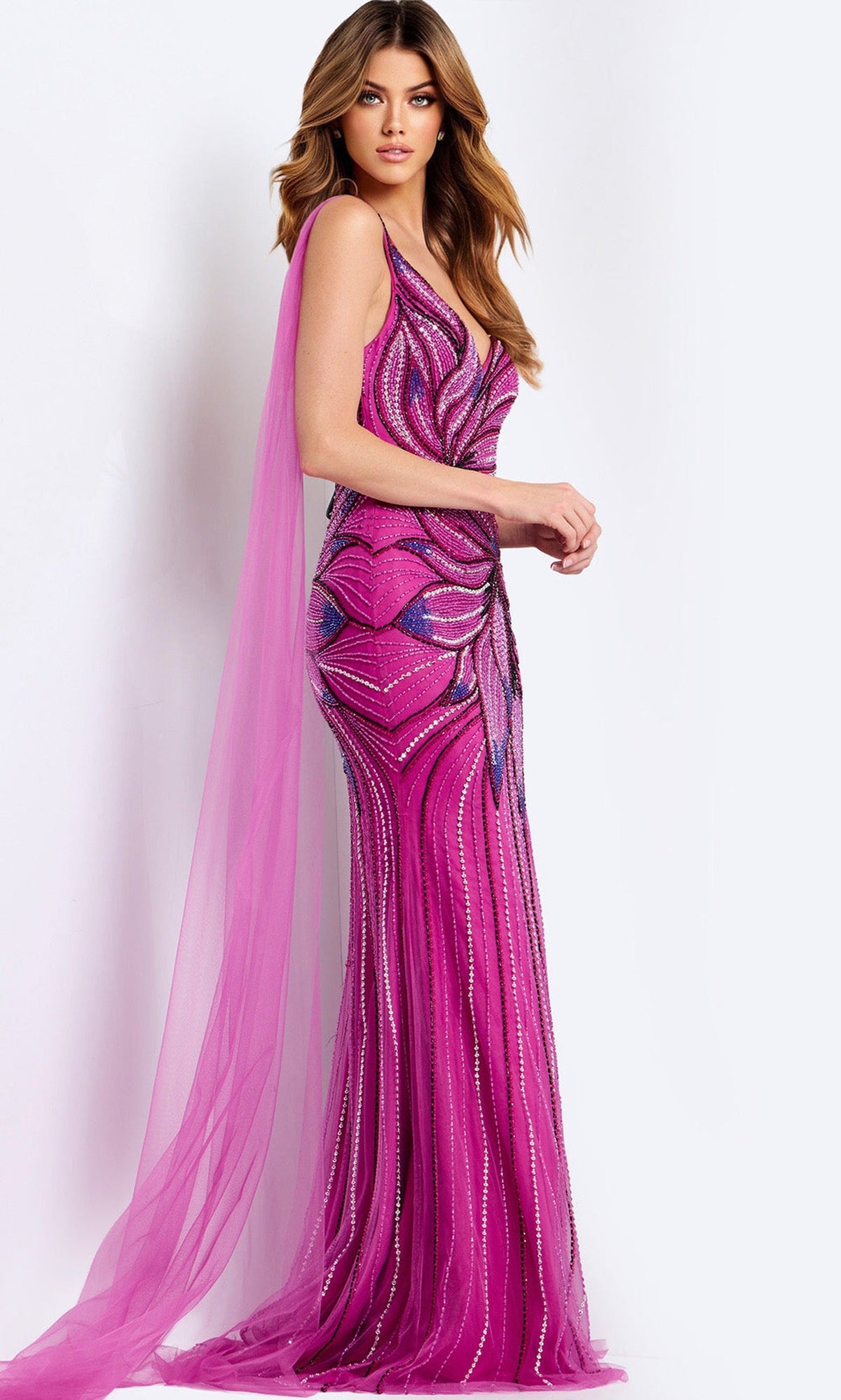 Jovani  45876 - Sequin Floral V-Neck Fitted Dress