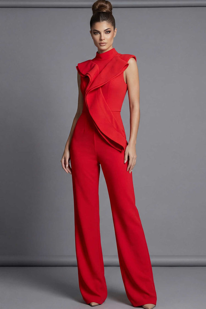 Jovani 46284 - Draped Ruffle Sleeveless Crepe Jumpsuit - Red - Main