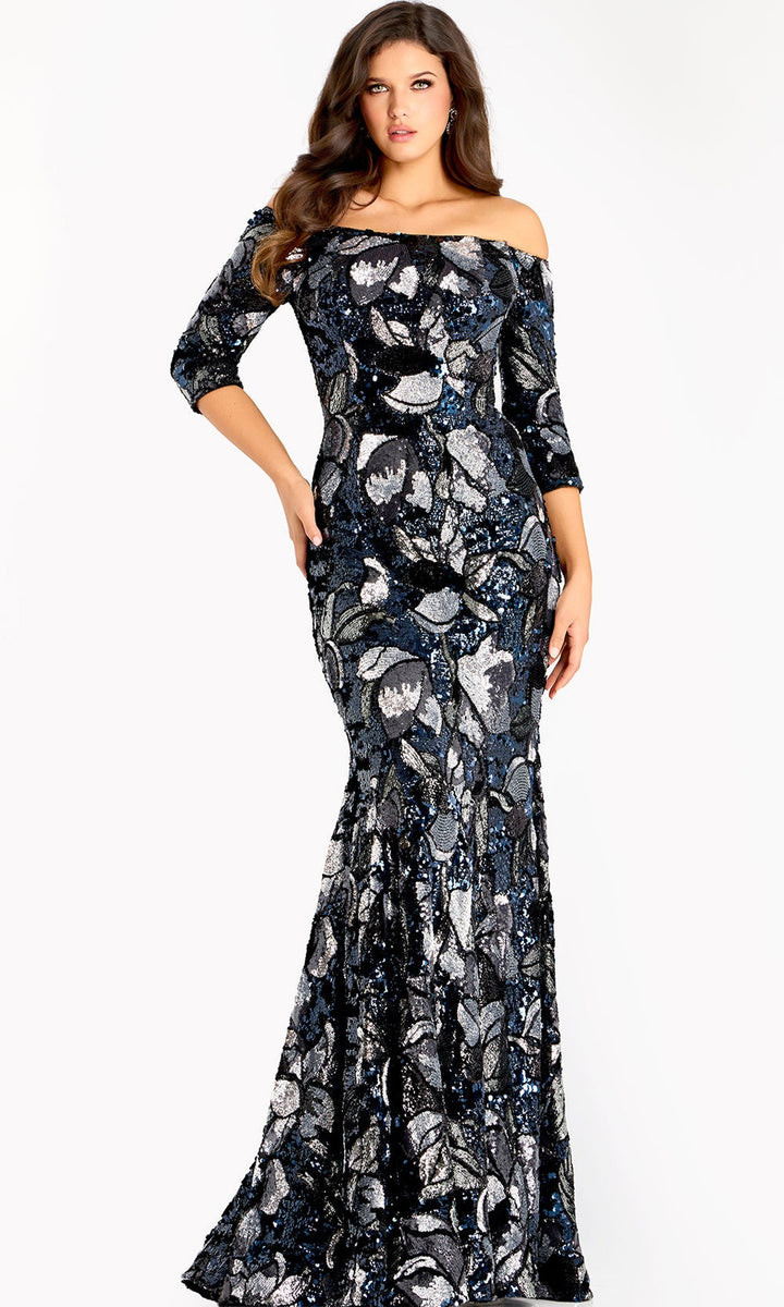 Jovani 46432 - Off Shoulder Sequin Floral Evening Gown - Navy/Silver - Main