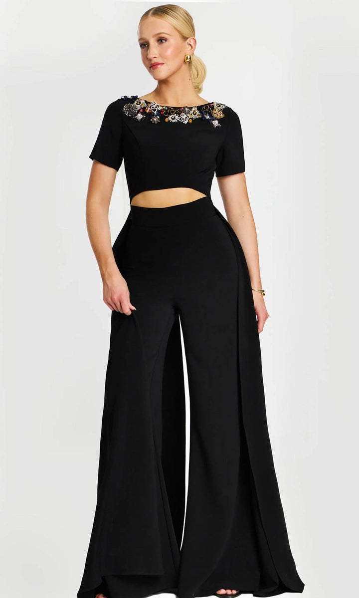 Jovani 46505 - Short Sleeve Midriff Cutout Pantsuit - Black - Main