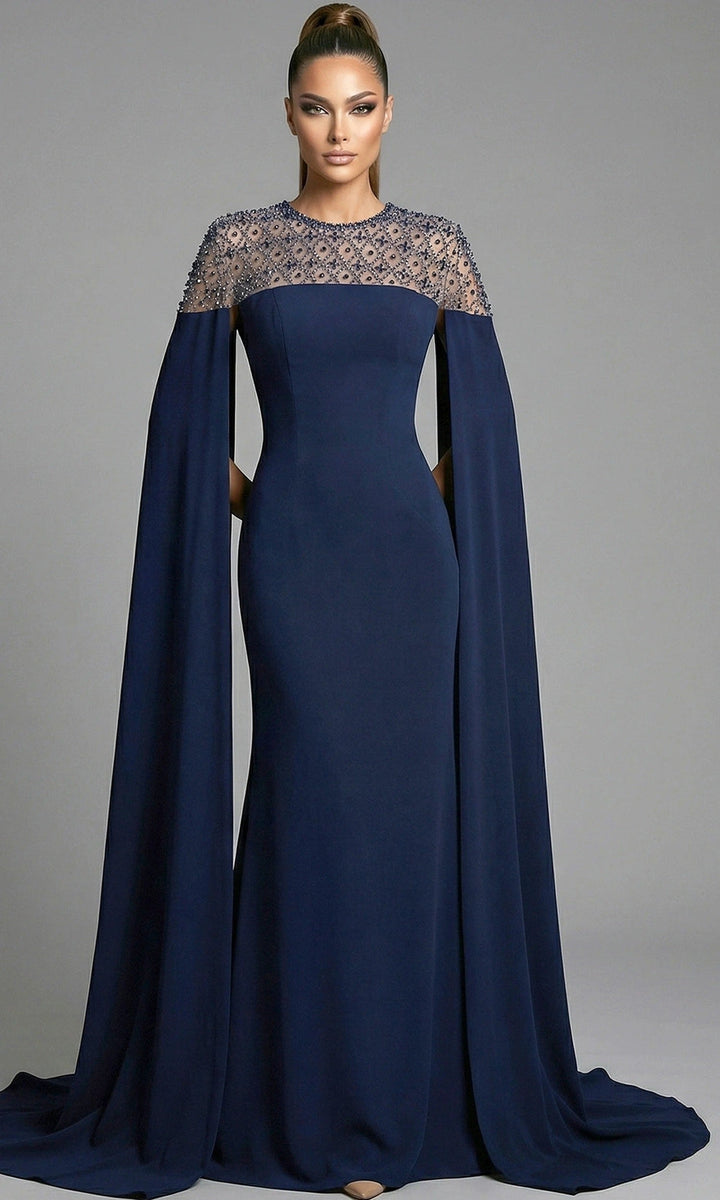Jovani 46522 - Beaded Illusion Cape Sleeve Evening Gown - Navy - Main