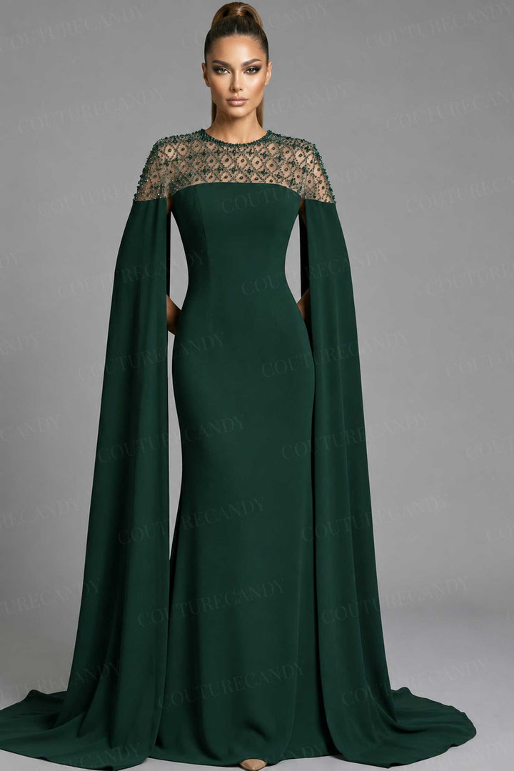 Jovani 46522 - Beaded Illusion Cape Sleeve Evening Gown