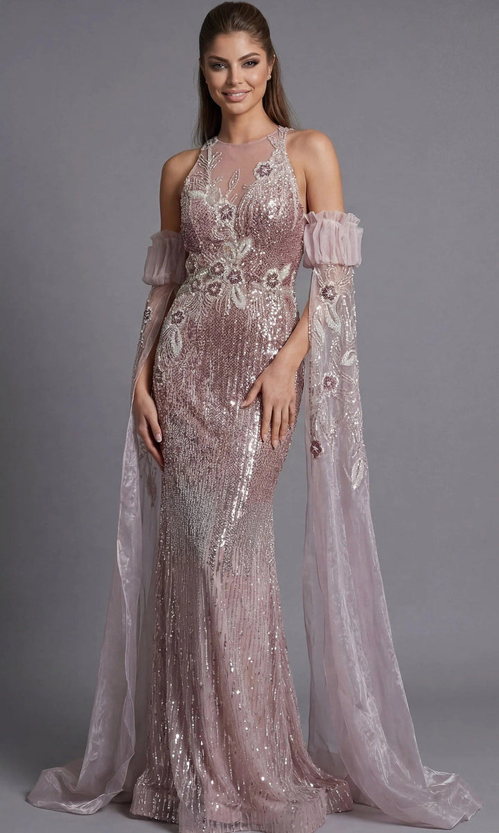 Jovani 46674 - Sheer Sleeve Allover Beaded Long Gown - Pink - Main