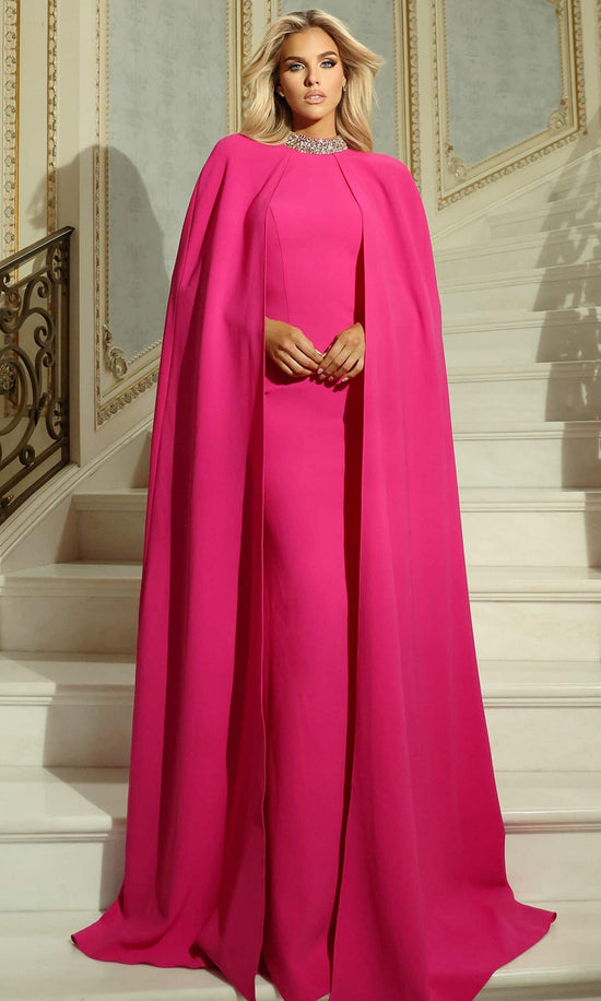 Jovani 46736 - Beaded Collar Floor-Length Cape Gown