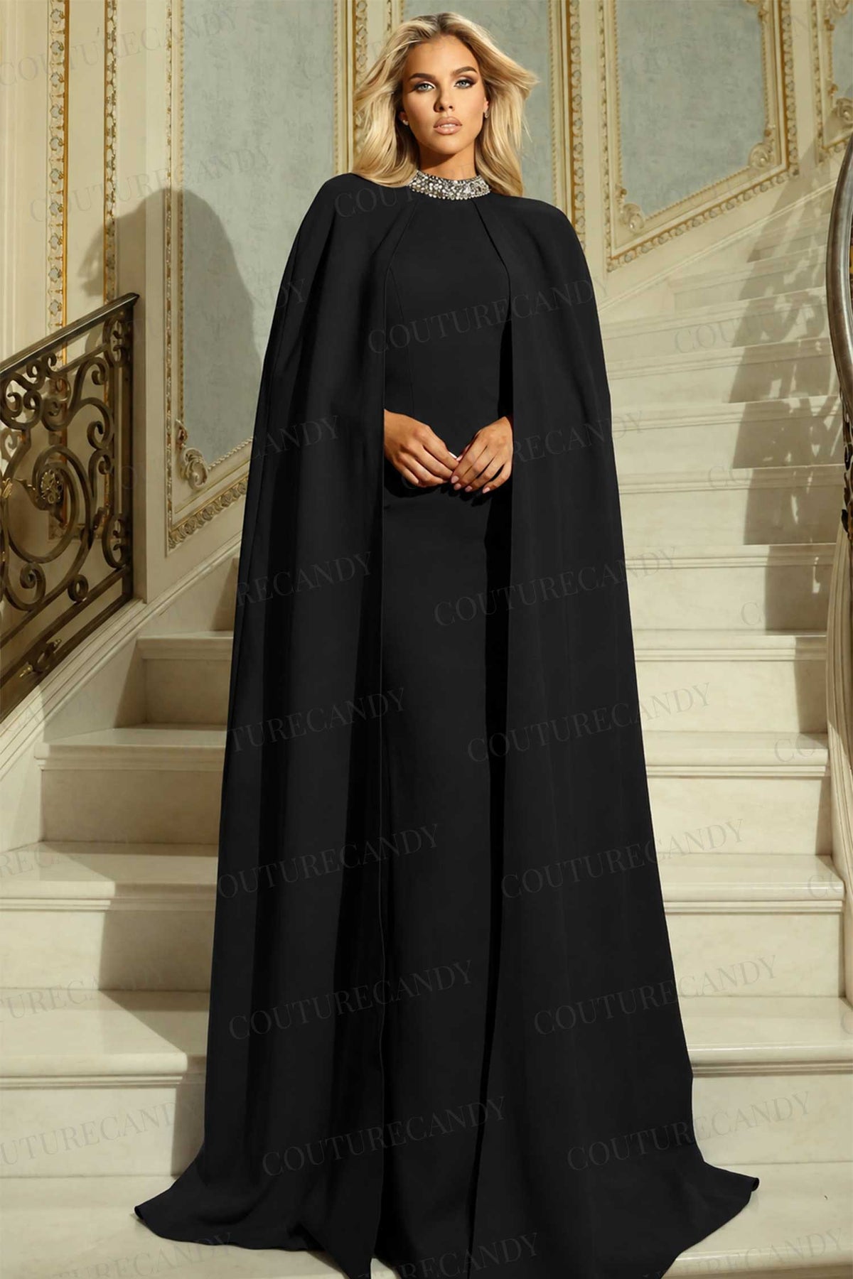 Jovani 46736 - Beaded Collar Floor-Length Cape Gown - Fuchsia - Main