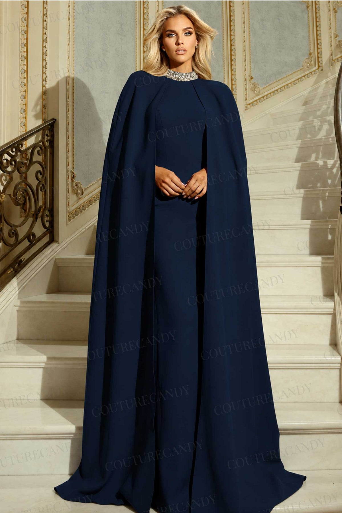Jovani 46736 - Beaded Collar Floor-Length Cape Gown