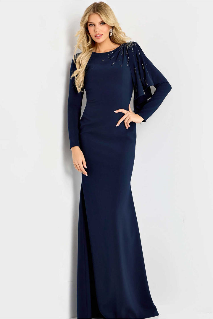 Jovani 46738 - Long Sleeve Bateau Neck Evening Gown - Navy - Main
