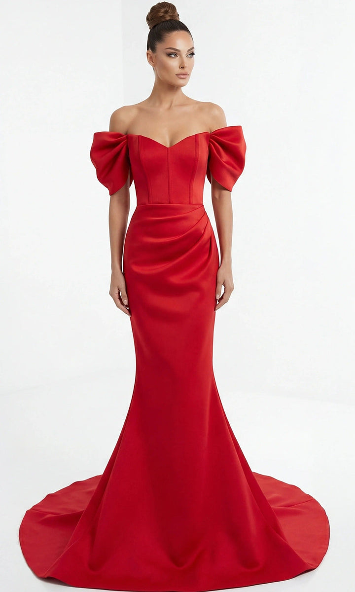 Jovani 46799 - Off Shoulder Structured Mermaid Gown - Red - Main